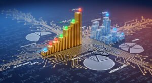 A stylized, abstract visualization of PCB assembly cost calculation, showing a bar graph, pie charts, and interconnected circuit board traces.