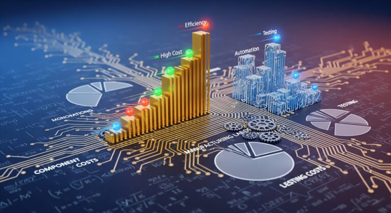 A stylized, abstract visualization of PCB assembly cost calculation, showing a bar graph, pie charts, and interconnected circuit board traces.