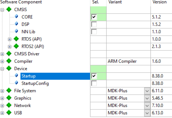 Select the CORE and Startup in software component for nRF51822