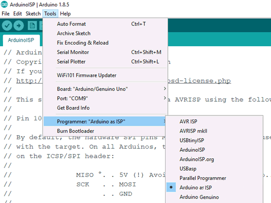 Choosing Board Arduino or Genuine Uno and Programmer as Arduino as ISP