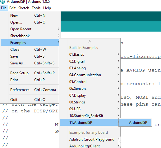 Opening Arduino IDE and Choose ArduinoISP Examples