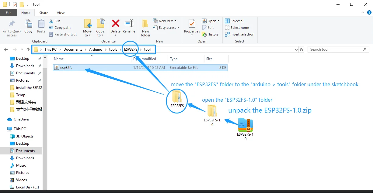 Unpack the "esp32fs-1.0.zip" and move the ESP32FS folder to the tools folder under sketchbook-location