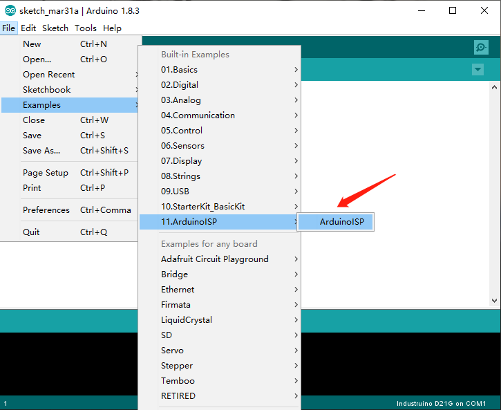 Choose the ArduinoISP Program for Arduino Uno