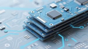 Stacked Blue Printed Circuit Boards PCBs with Electronic Components and Circuitry