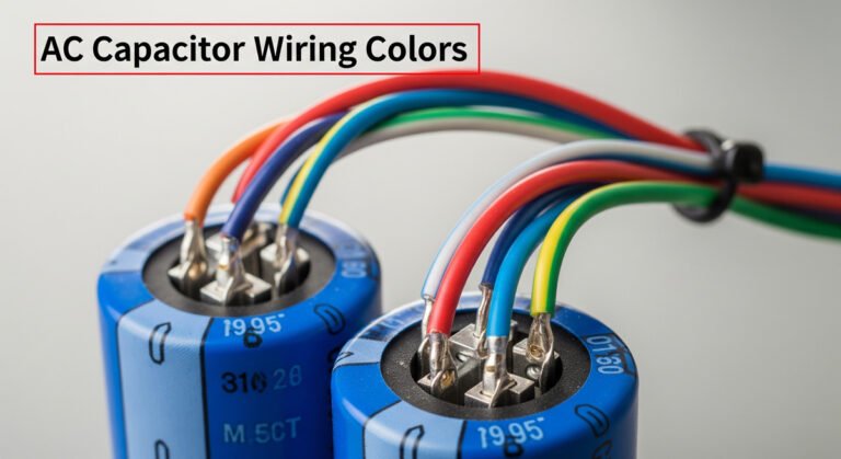 Close-up of AC capacitor wiring with color-coded wires