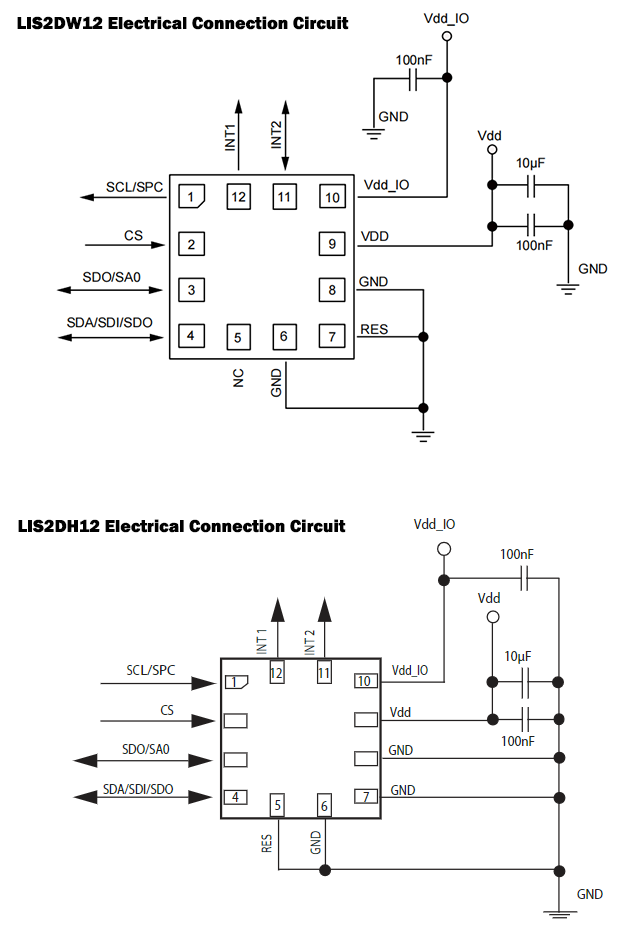 LIS2DW12 vs LIS2DH12 Electrical Connection Circuit