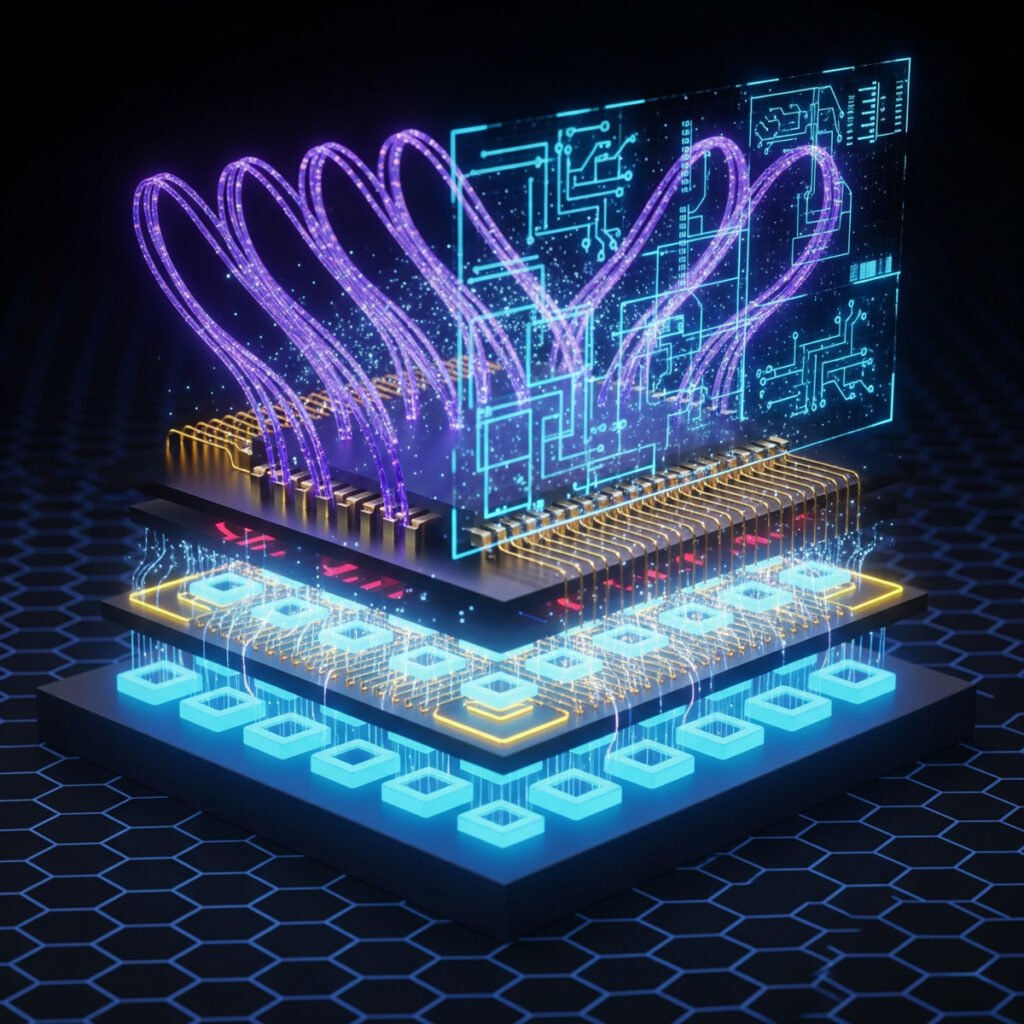 A highly detailed 3D cross-section of an integrated circuit, with glowing layers of substrate, transistors, interconnects, and bonding wires. A holographic circuit schematic is projected above the chip.