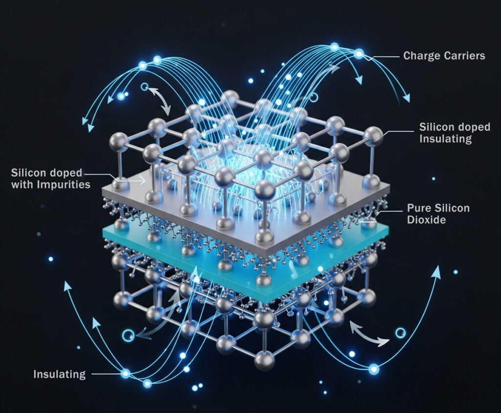 A high-tech 3D illustration of a semiconductor material, depicting a silicon crystal lattice with alternating conductive (silicon doped with impurities) and insulating (pure silicon dioxide) layers. Blue glowing particles representing charge carriers move under an implied electric field, indicated by curved arrows. Abstract scientific labels highlight "Charge Carriers," "Silicon doped Insulating," "Pure Silicon Dioxide," and "Insulating" regions. The color scheme is primarily blue and silver with clean, bright lighting.