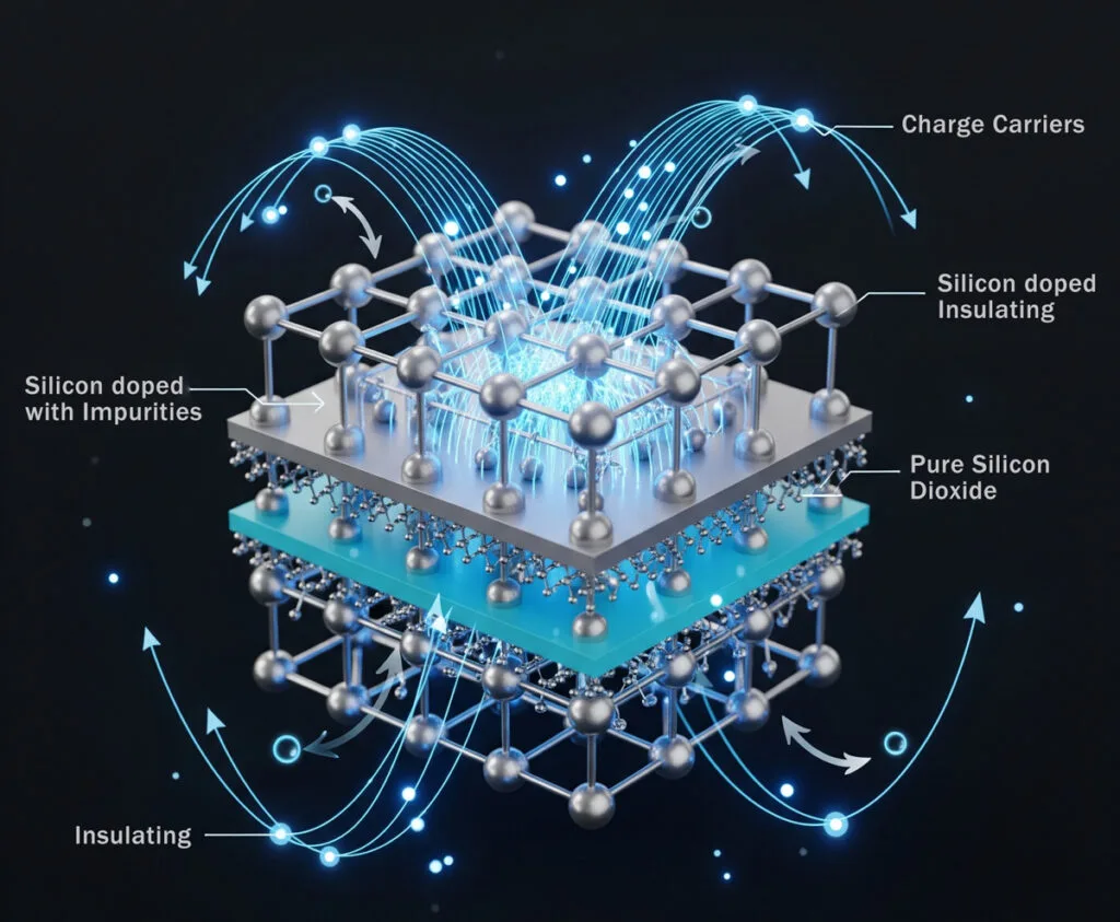 Chip vs. Semiconductor vs. Microprocessor vs. Integrated Circuit 1 A high-tech 3D illustration of a semiconductor material, depicting a silicon crystal lattice with alternating conductive (silicon doped with impurities) and insulating (pure silicon dioxide) layers. Blue glowing particles representing charge carriers move under an implied electric field, indicated by curved arrows. Abstract scientific labels highlight "Charge Carriers," "Silicon doped Insulating," "Pure Silicon Dioxide," and "Insulating" regions. The color scheme is primarily blue and silver with clean, bright lighting.