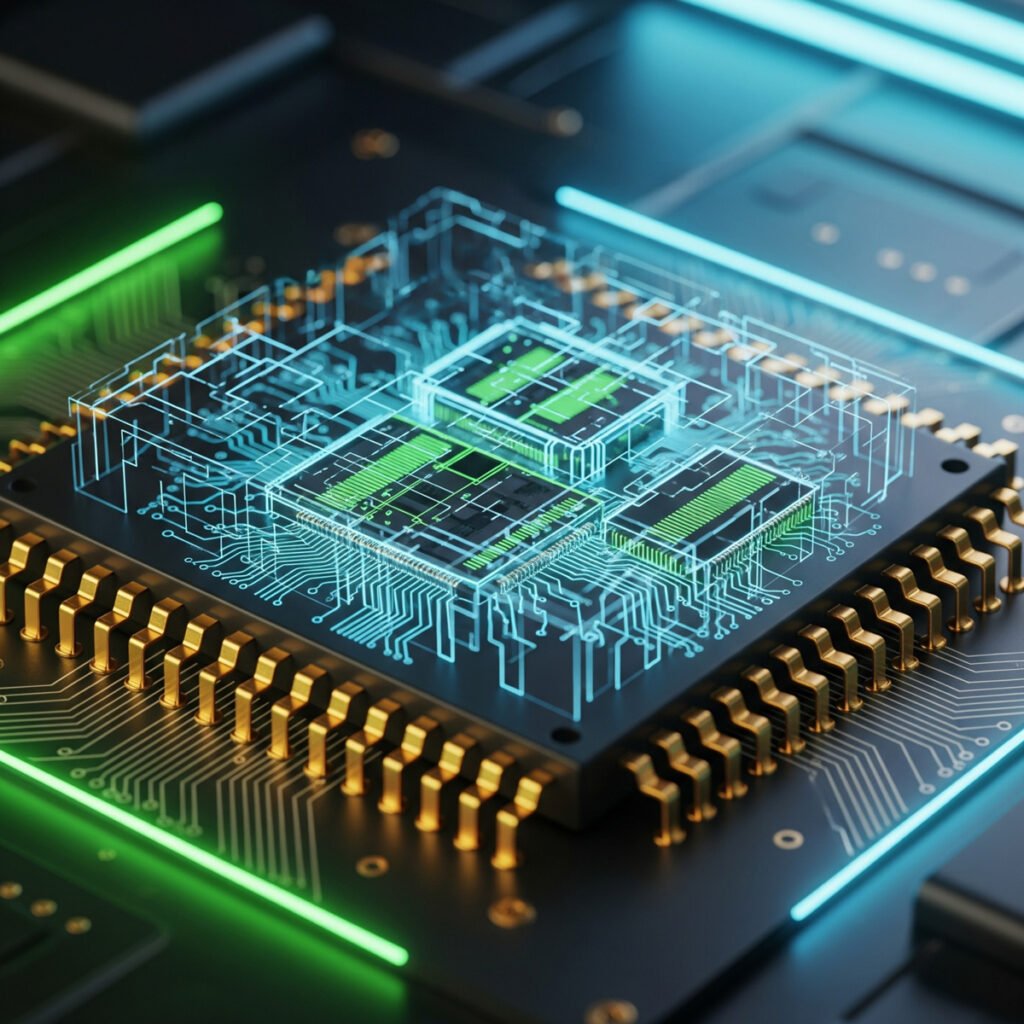 A hyper-realistic macro photo of a microchip with glowing gold pins and circuit traces. A holographic overlay shows the internal logic and memory blocks glowing with neon green and cyan light, set against a dark, futuristic background.