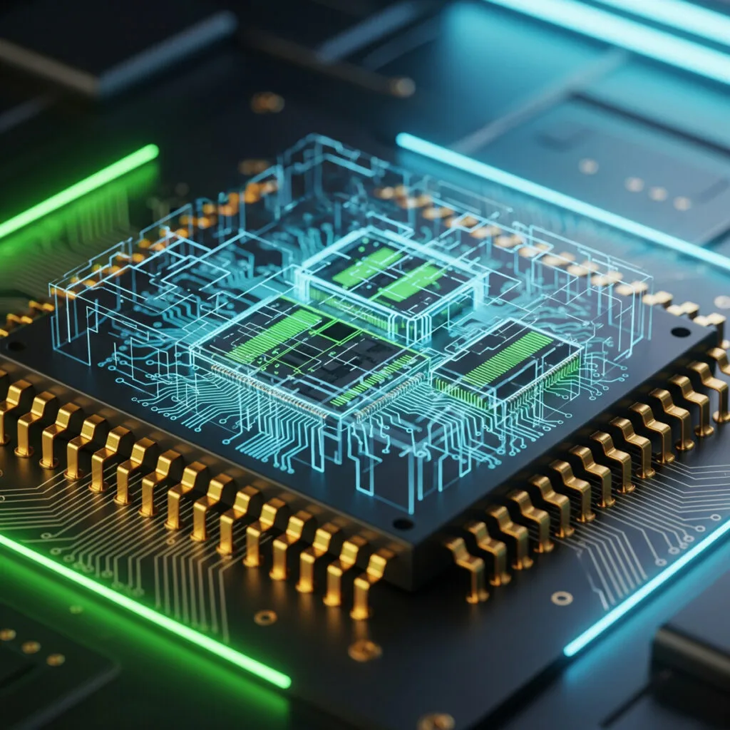 Chip vs. Semiconductor vs. Microprocessor vs. Integrated Circuit 2 A hyper-realistic macro photo of a microchip with glowing gold pins and circuit traces. A holographic overlay shows the internal logic and memory blocks glowing with neon green and cyan light, set against a dark, futuristic background.