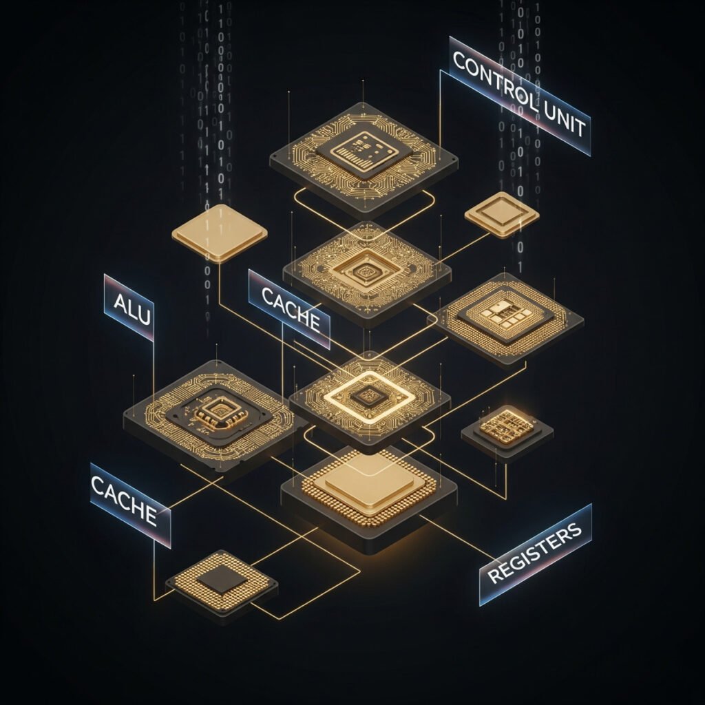 An isometric 3D exploded-view diagram of a microprocessor, showing separated components like the ALU, cache, and control unit. The parts are gold and black with floating labels and are surrounded by binary code streams.