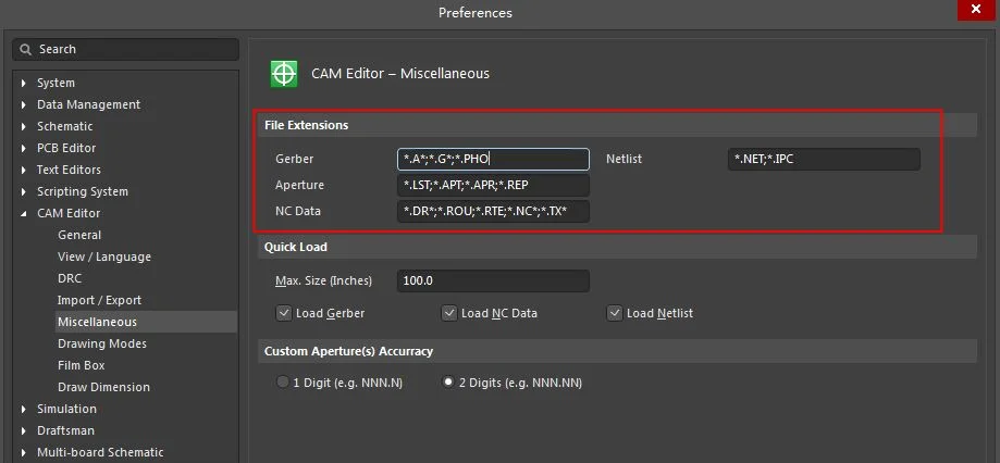 Define Gerber File Extensions in CAM Editor - Miscellaneous