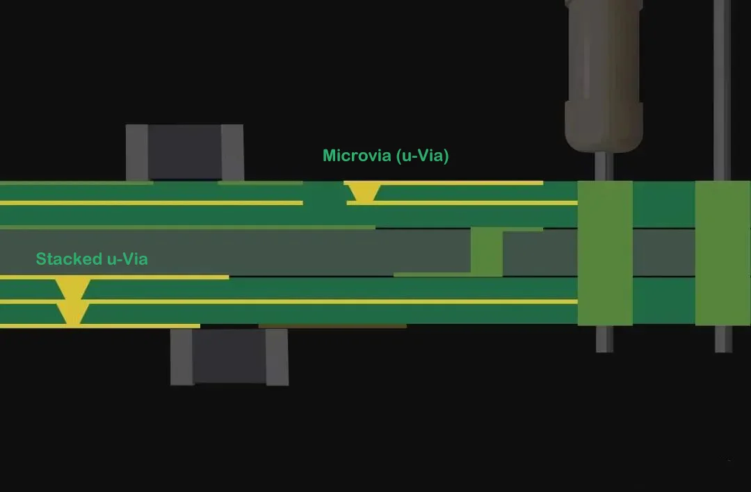 3D front view of microvia (u-Via) and stacked u-via