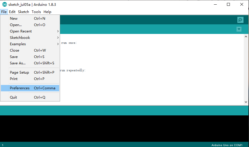 Open Preferences in Arduino IDE