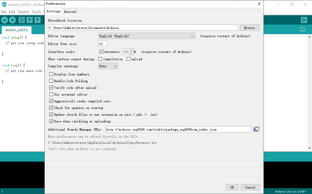 Setting Additional boards manager URLs in Preferences