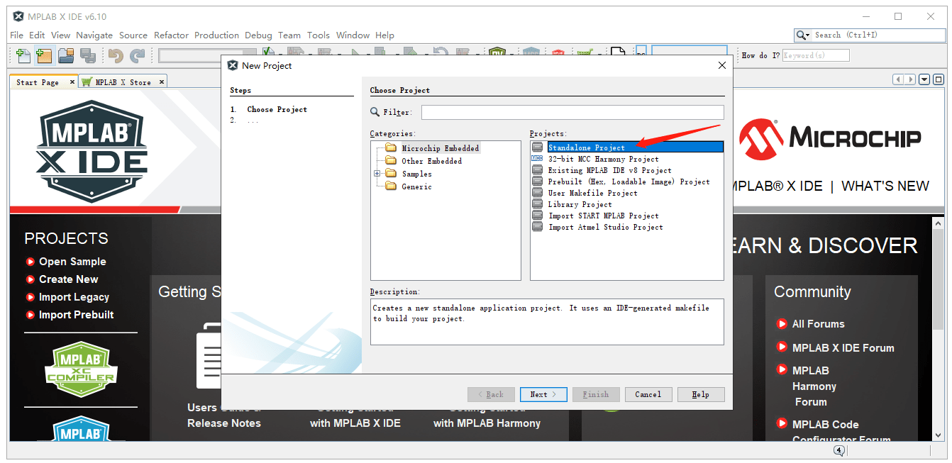 Choose a Standalone Project in MPLAB X IDE