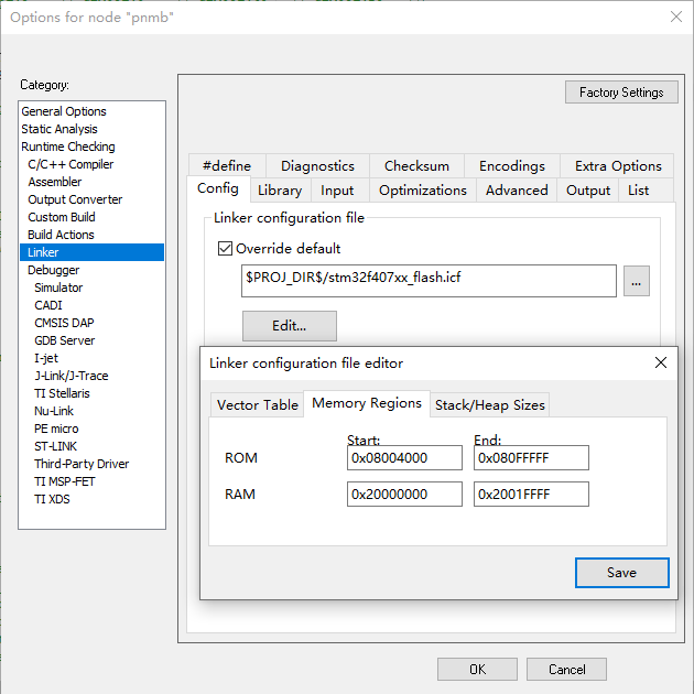 Linker configuration file editor - Memory Regions