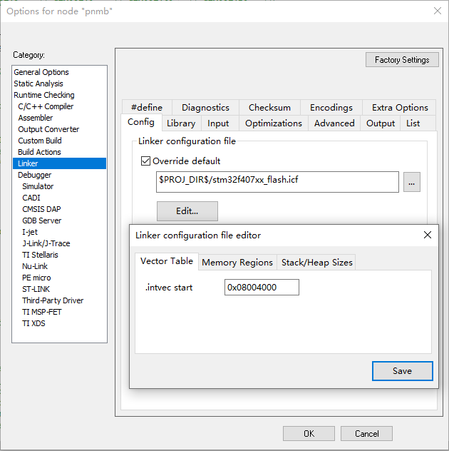 Linker configuration file editor - Vector Table