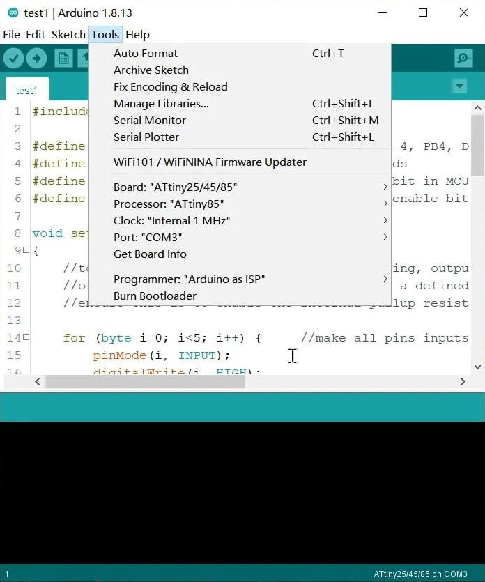 Setting ATtiny85 Board Processor and Programmer for Programming