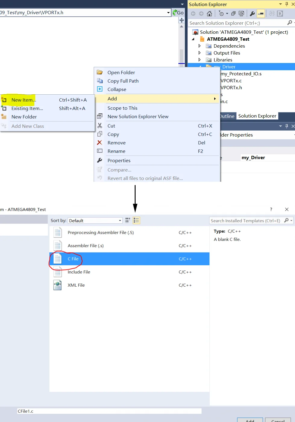 Add C File to ATmega4809 Project