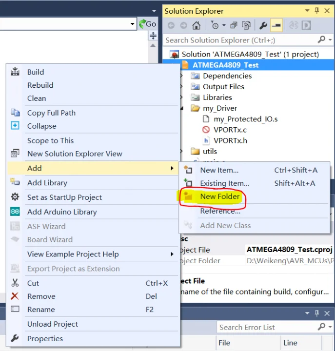 Add a Folder to ATmega4809 Project