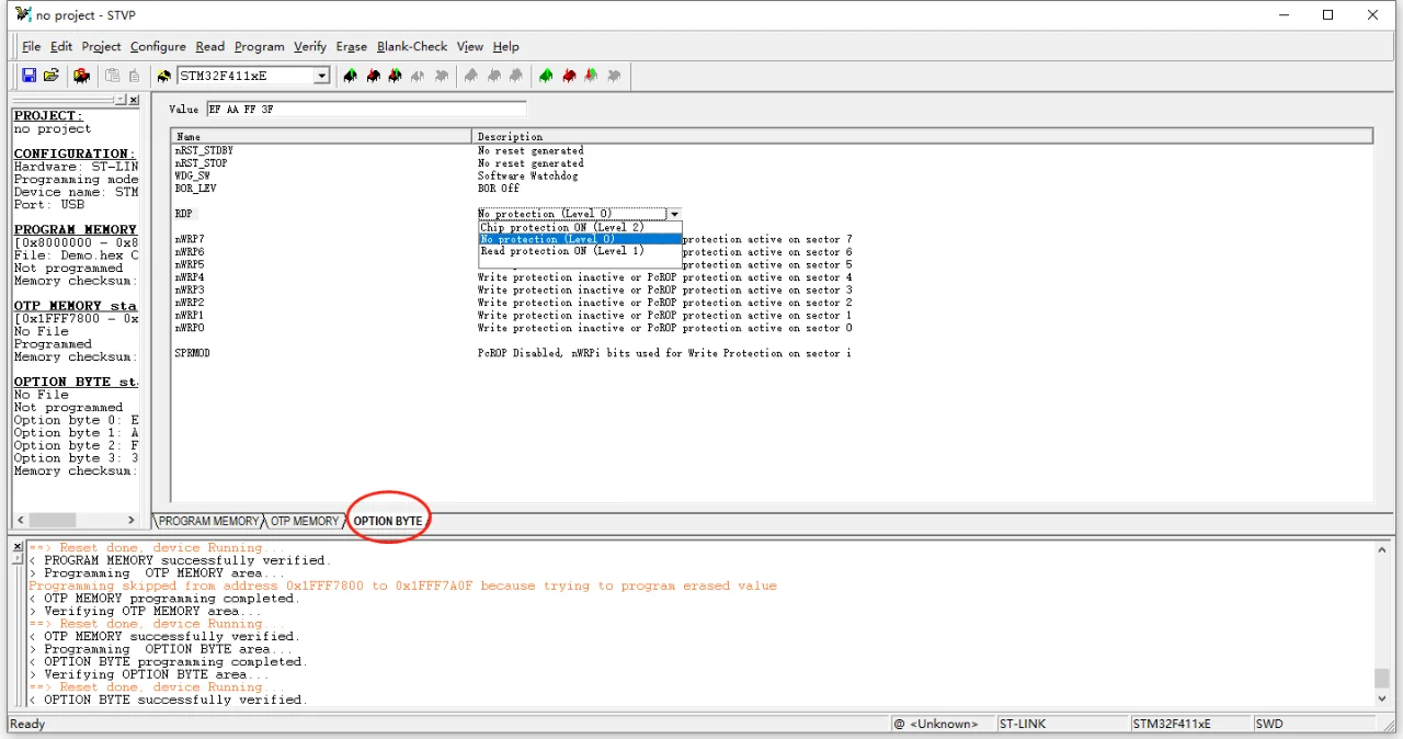 Change the Option Byte of STVP