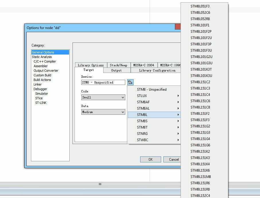 Choose ST Device Series and Model in IAR