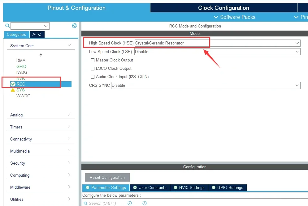 Clock Configuration-High Speed Clock(HSE) CrystalCeramic Resonator STM32CubeMX