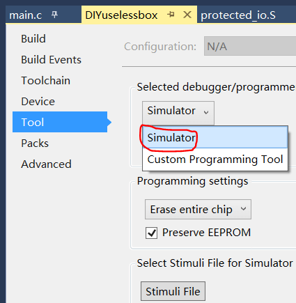 Configure the debugging (programming) tool as Simulator