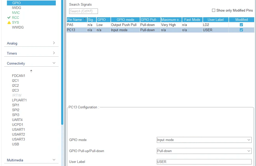 GPIO Setting-Pins Configuration (PC13) STM32CubeMX