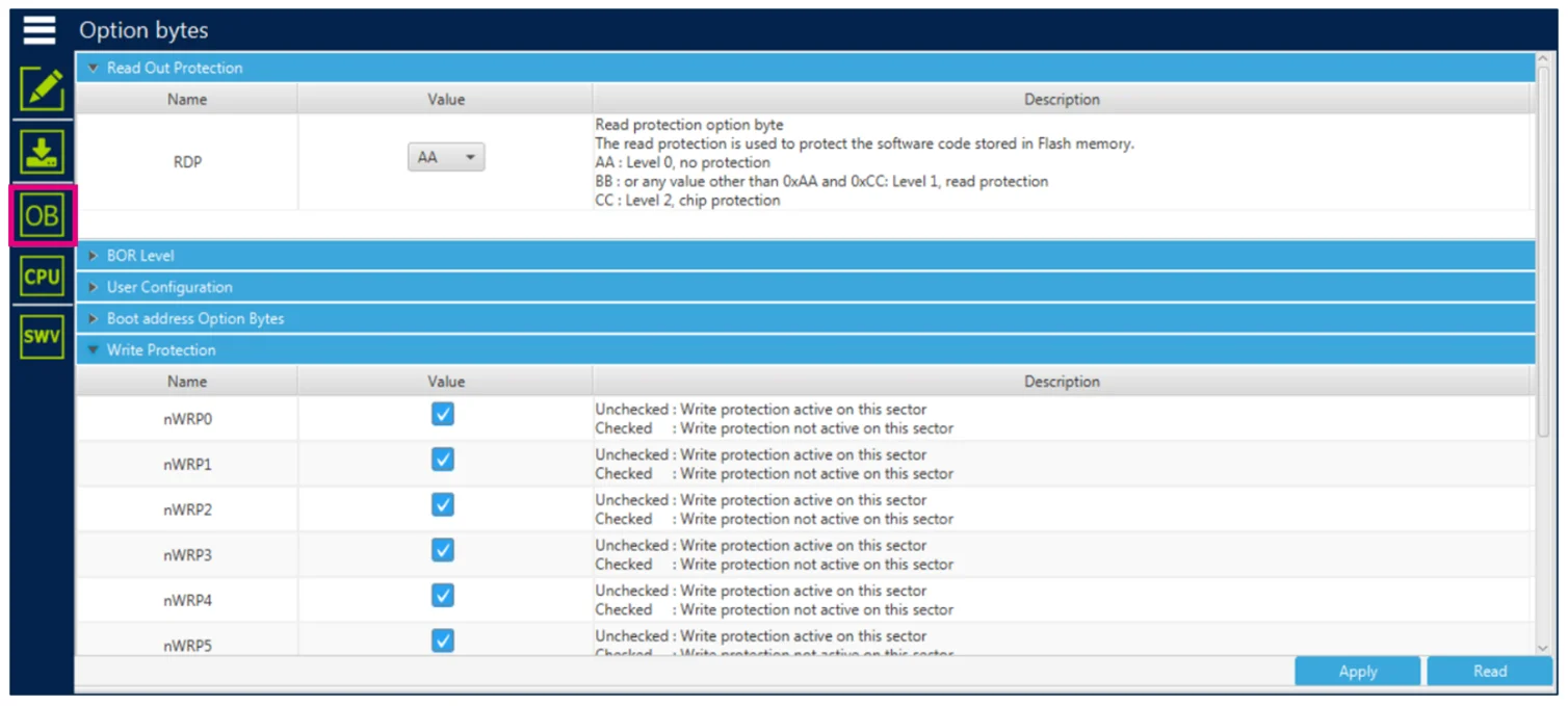 Option bytes Reading and Writing of STM32CubeProgrammer