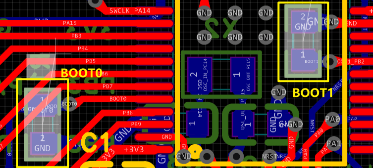 PCB design example of BOOT circuit of STM32F103C8T6 core board