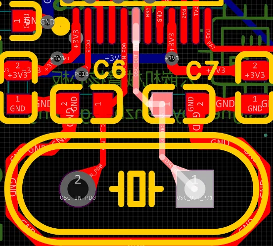 PCB design example of crystal oscillator circuit of STM32F103C8T6 core board