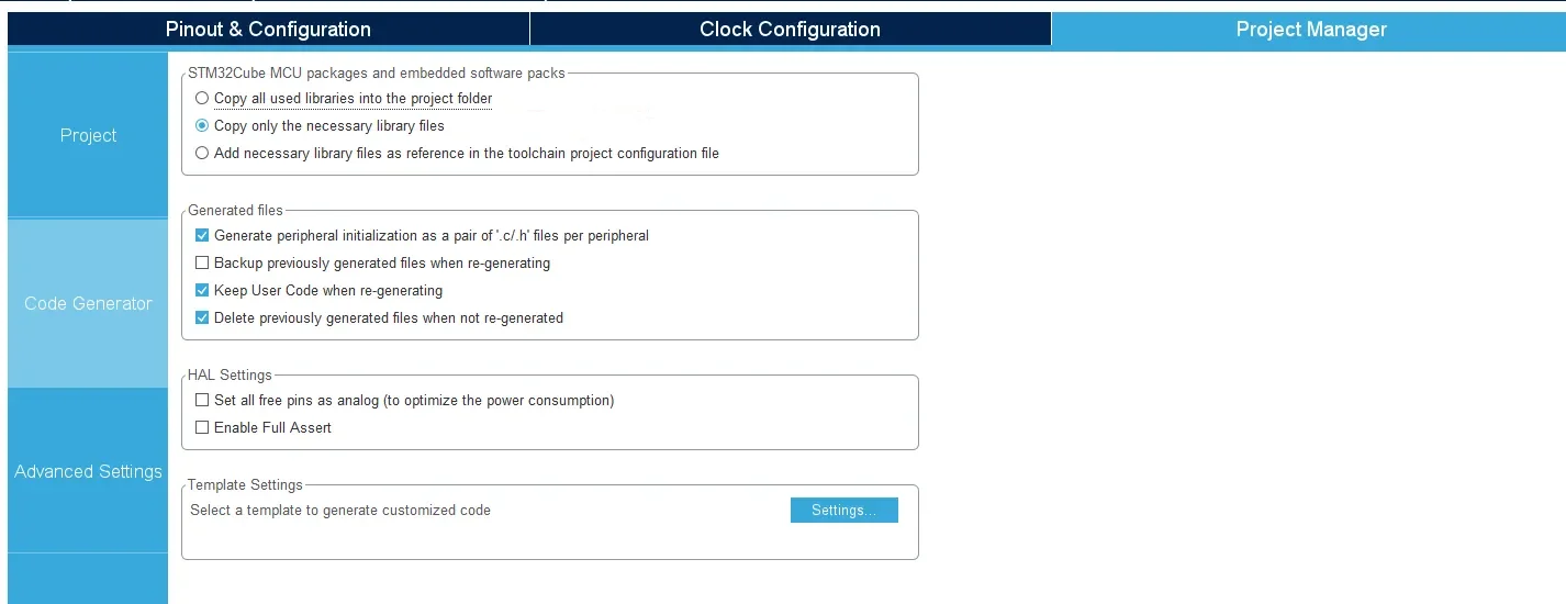 Project Manager-Code Generator STM32CubeMX