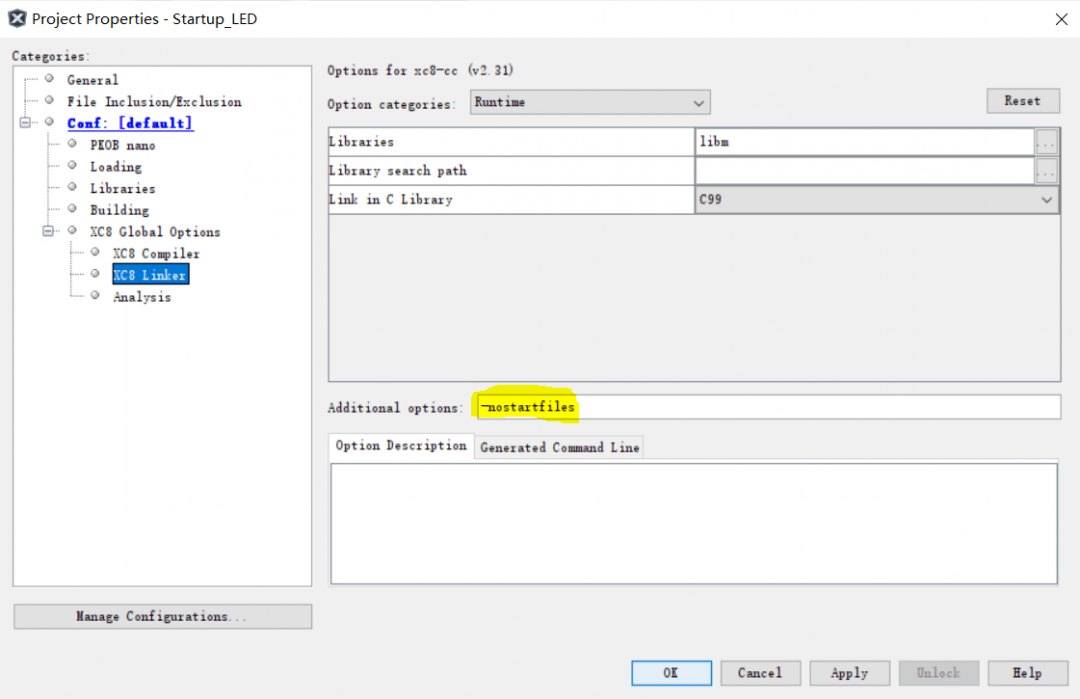 Set compilation options in MPLAB