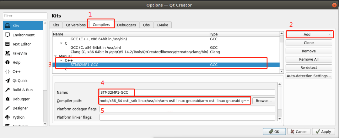 Add the compiler path (g++) in Qt Creator