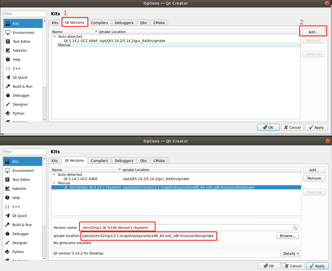 Add the qmake location of the cross-compiler tool chain in Qt Creator