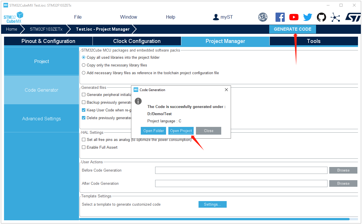 Code Generator Project Manager STM32CubeMX