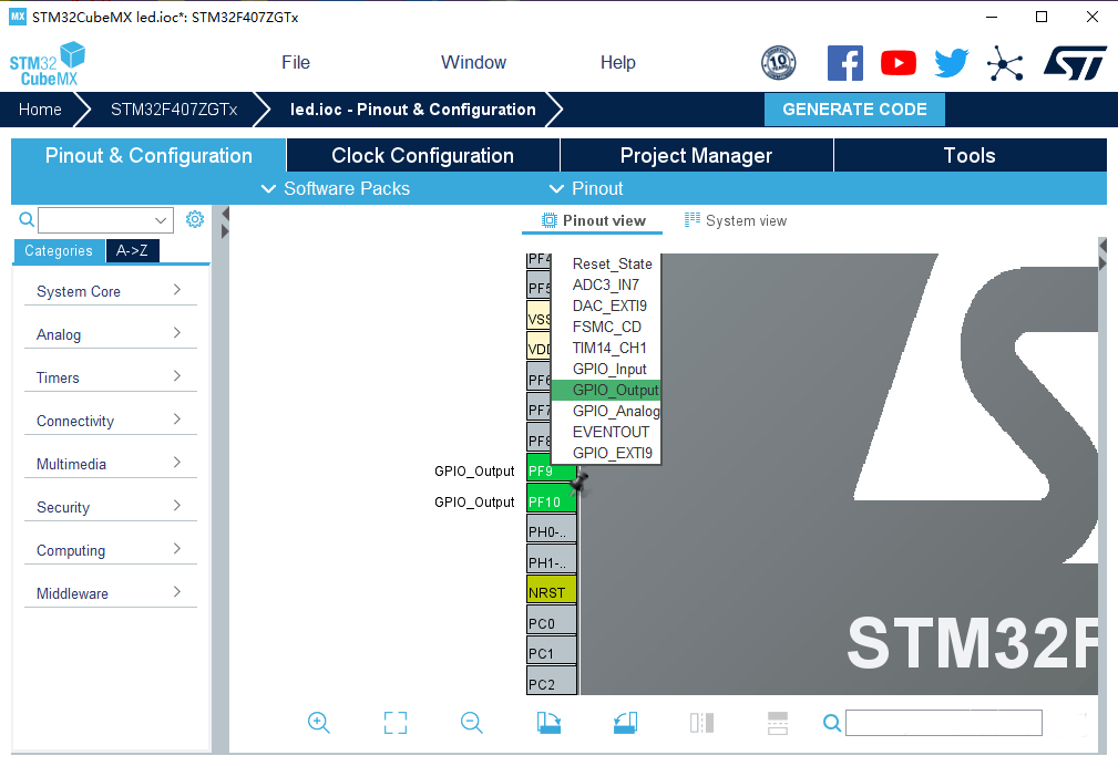 Configure LED's pin as GPIO output in STM32CubeMX