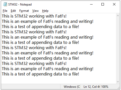 FatFS porting verification writing data to file