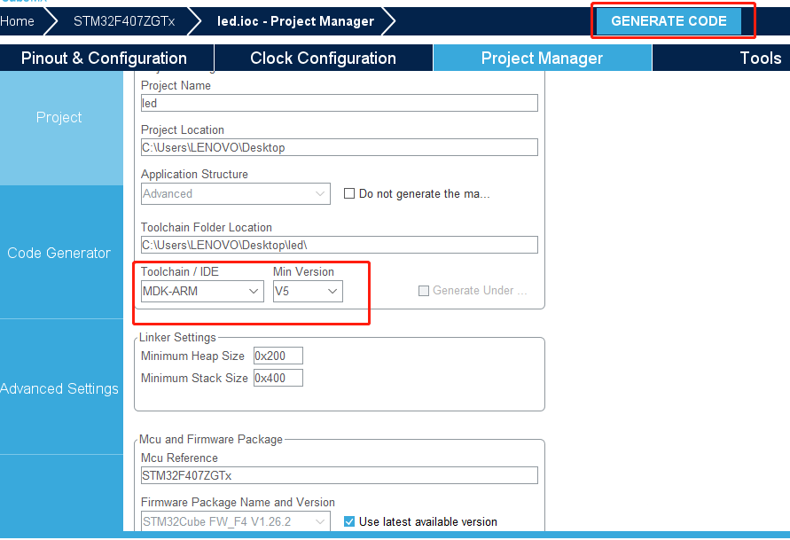 Generate Code for STM32F407 Project in STM32CubeMX