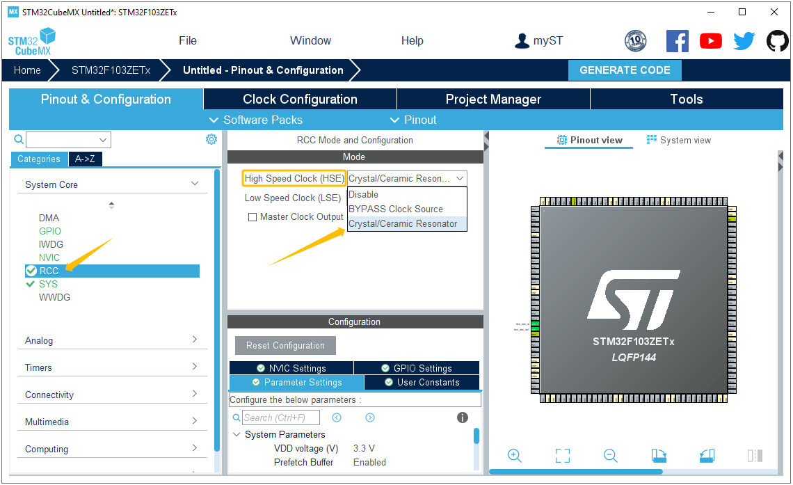 High Speed Clock (HSE) _ RCC Mode and Configuration