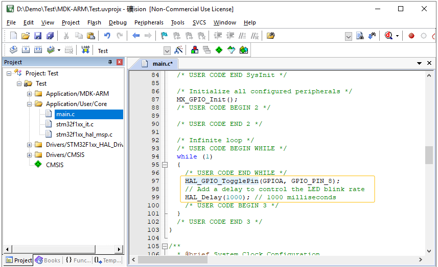 LED Blinking Code for STM32 MCU Project