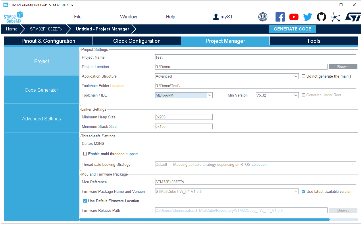 Project Settings_Project Manager - STM32CubeMX