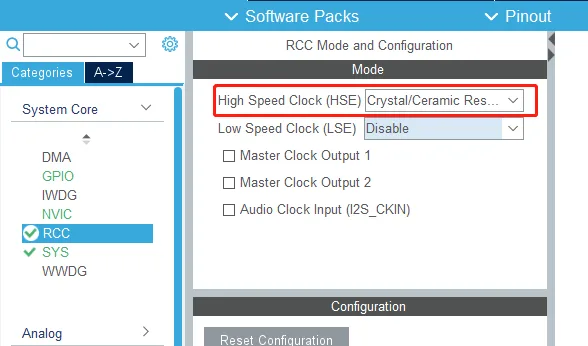 Select High Speed Clock (HSE) in RCC Mode and Configuration