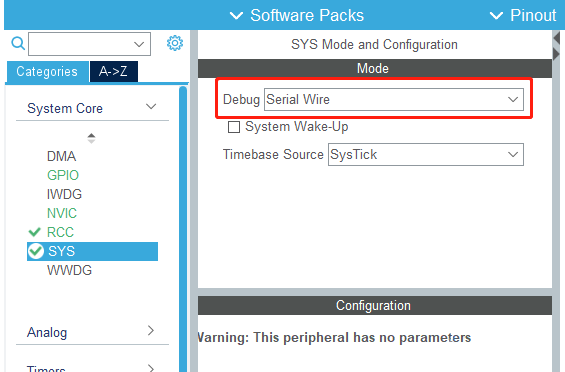 Select Serial Wire Debug in SYS Mode and Configuration