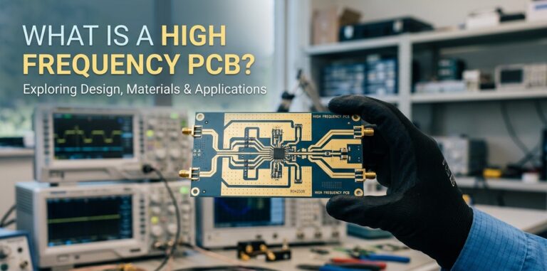 A realistic blog cover showing a hand in a black glove holding a high frequency PCB with gold traces in an electronics lab, featuring the text 'WHAT IS A HIGH FREQUENCY PCB? Exploring Design, Materials & Applications'.