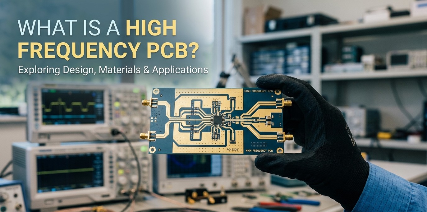 A realistic blog cover showing a hand in a black glove holding a high frequency PCB with gold traces in an electronics lab, featuring the text 'WHAT IS A HIGH FREQUENCY PCB? Exploring Design, Materials & Applications'.