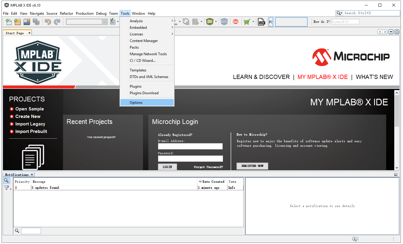 Click Tools Options on MPLAB X IDE